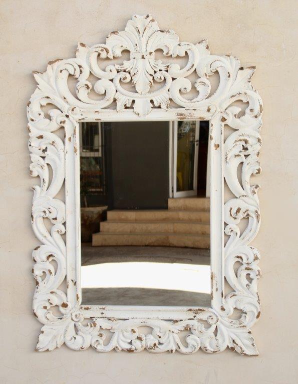 Large White Washed Carved Wooden Mirror